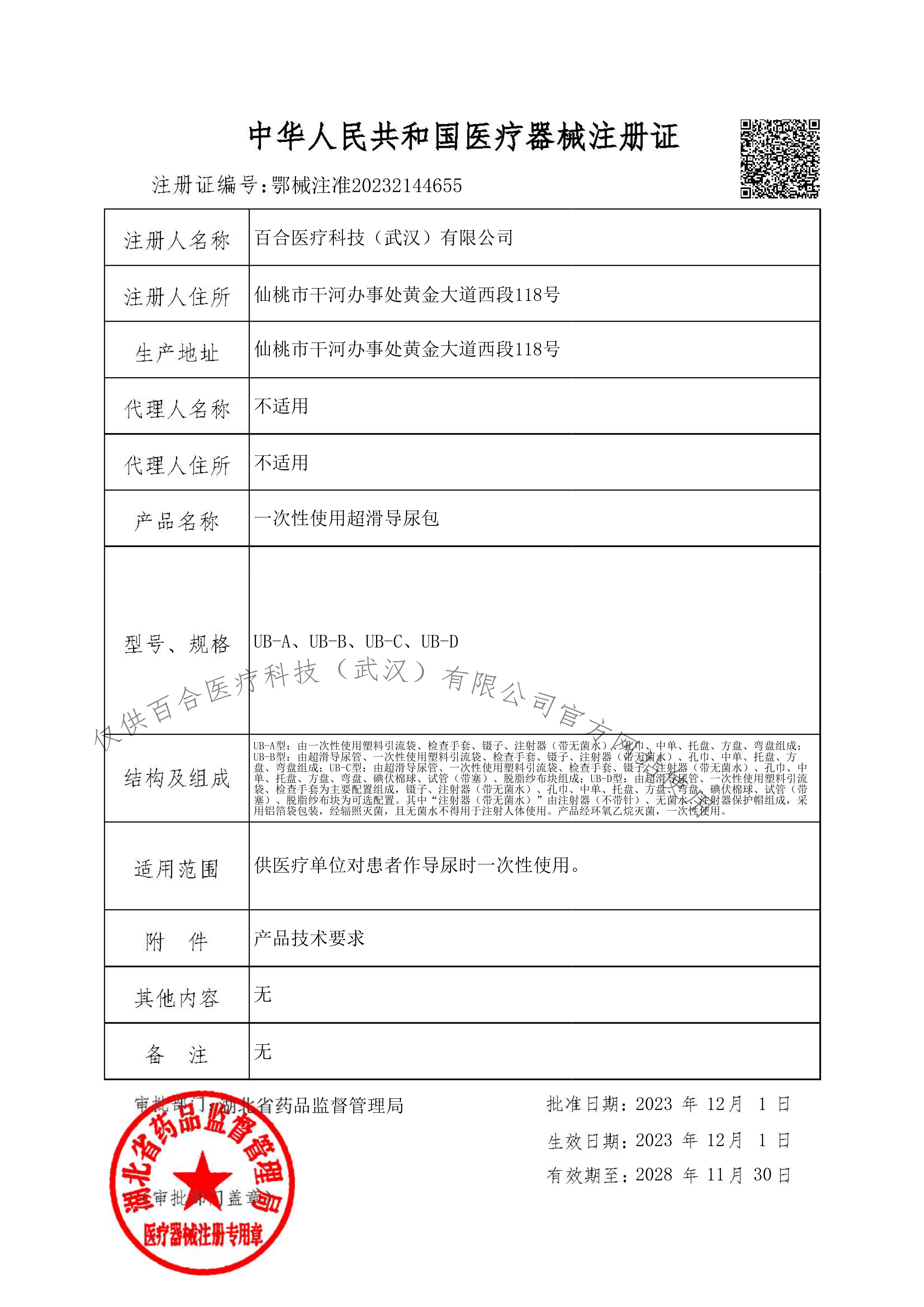 一次性使用超滑导尿包 注册证（20231201-20281130） 导尿包官网水印